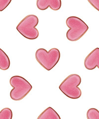 Romantic Watercolor Seamless Pattern, Heart-Shaped Gingerbread Cookies, Biscuits,  Valentine's Day and Weddings, Featuring Delicate Textures and a Soft Artistic Touch