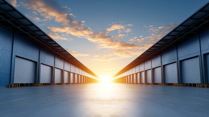 Fototapeta premium Modern blue warehouse exterior with industrial design, showcasing large doors and stunning sunset. scene evokes sense of tranquility and spaciousness