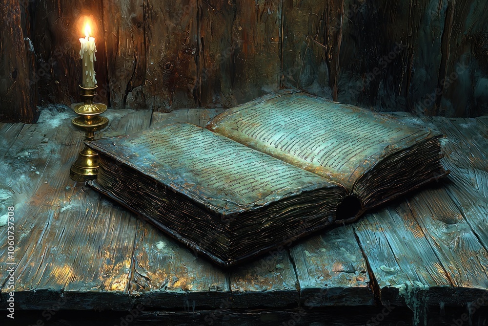 Poster An Open Ancient Book Illuminated by a Candle on a Wooden Surface