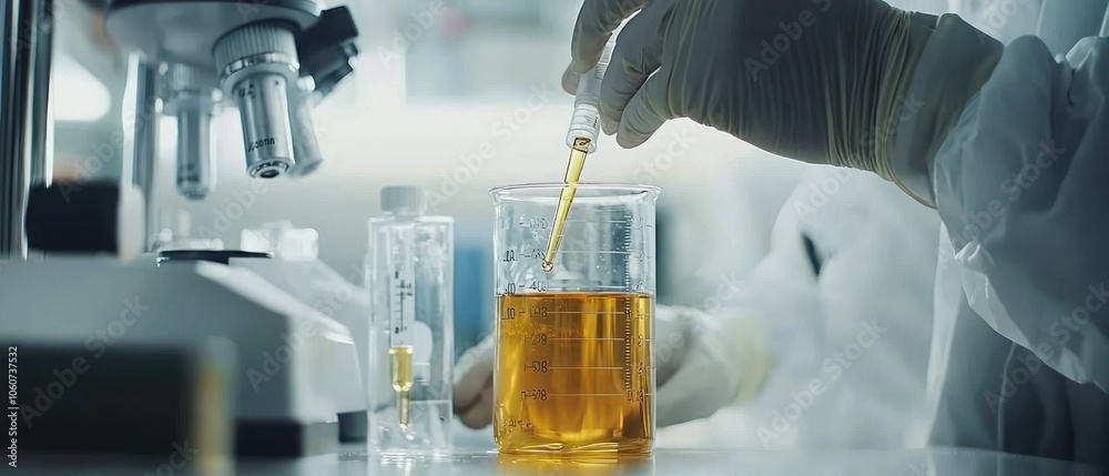 Aufkleber Scientist in Lab Coat Dropping Liquid into Beaker with Pipette