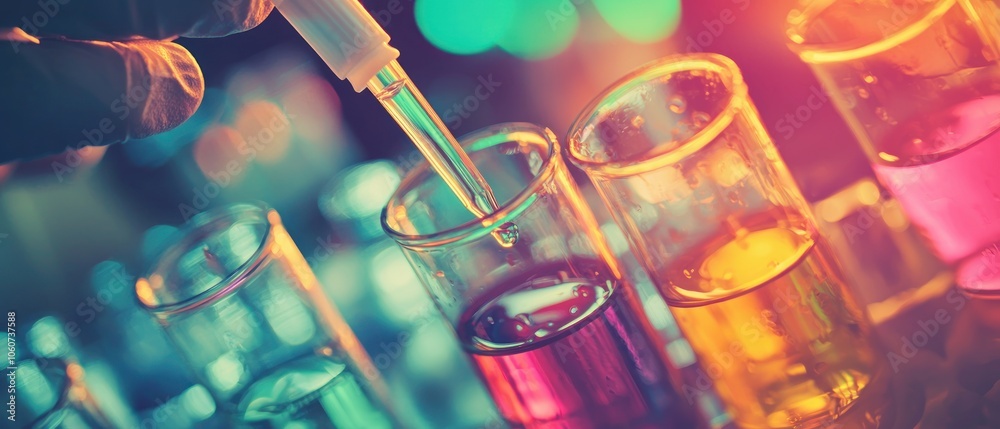 Aufkleber close-up of a dropper dispensing liquid into a test tube with other test tubes in the background