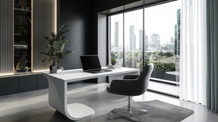 Modern Office Interior with City View and Laptop