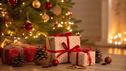 Weihnachtsgeschenke und Dekoration im warmen Licht des Weihnachtsbaums