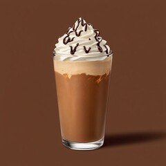Delicious chocolate milkshake topped with whipped cream and chocolate drizzle, set against a warm brown background.