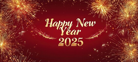 A red banner with golden fireworks and sparkles, text "Happy New Year 2025" in the middle of it. The background color is burgundy. Generative Ai 