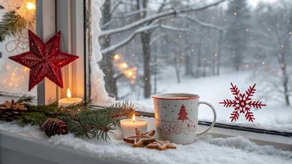 Winterliche Fensterdeko mit hei&szlig;em Getr&auml;nk und weihnachtlichem Flair
