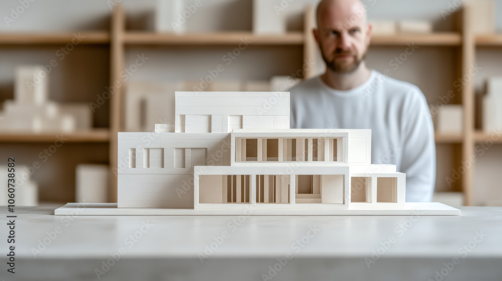 Poster a model of a modern architectural design is presented on a table, with a designer in the background,