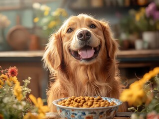 Golden retriever enjoys delicious dog food