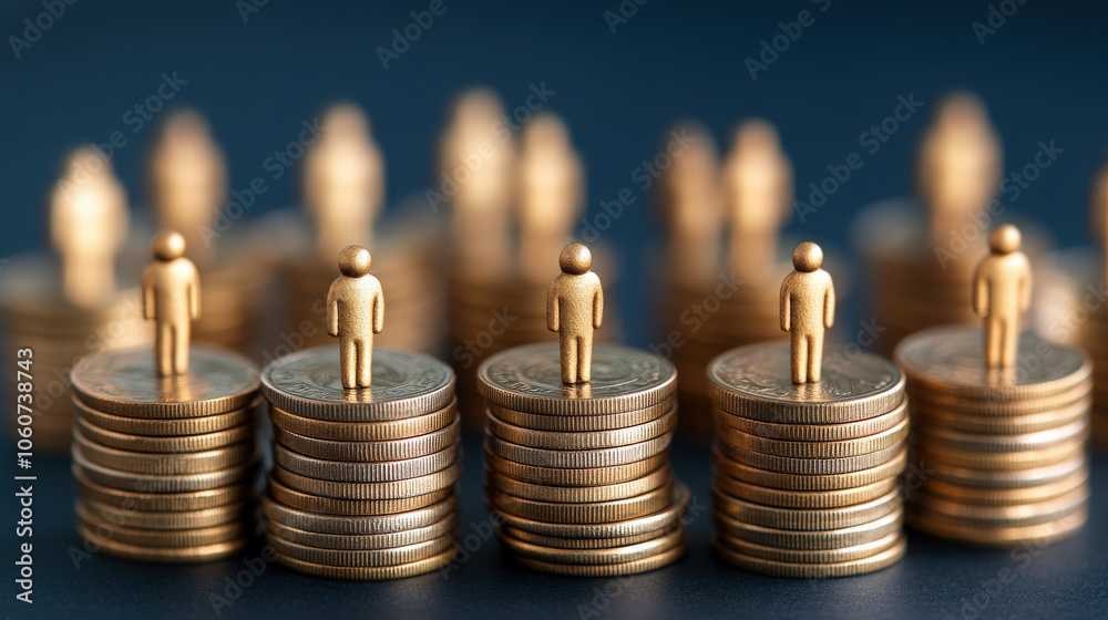 Fototapete a close-up view of golden coins stacked with tiny figures standing atop, symbolizing wealth and inve
