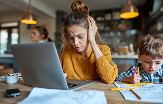 mother working from home, feeling stressed while using laptop, with child drawing nearby. scene captures challenges of balancing work and parenting