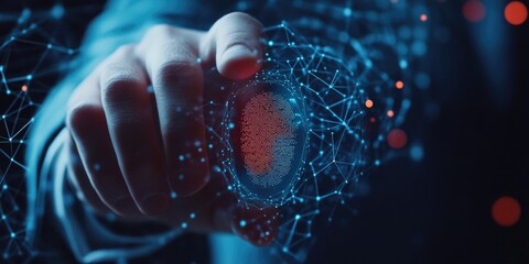 Hand pressing a holographic screen with digital interface elements and data visualization