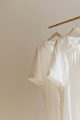 Two clothing items on hangers against a wall.