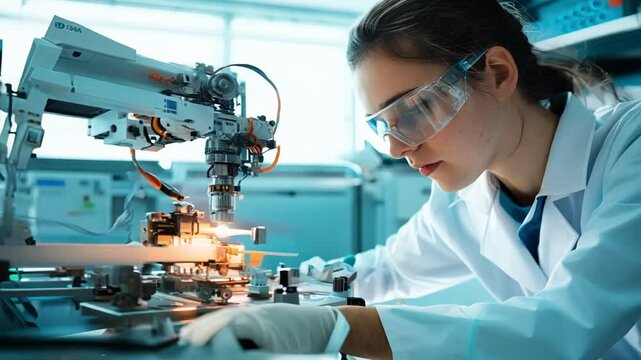 Focused woman in lab coat demonstrates precision and innovation in laboratory, utilizing advanced machinery and equipment for groundbreaking scientific research and technology.