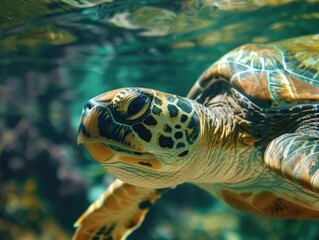 Obraz premium Turtle submerged in ocean water, with clear sightlines and natural lighting highlighting the turtle's shell texture.