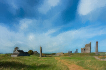 Digital oil painting of Magpie Mine in the Derbyshire Peak District National Park.