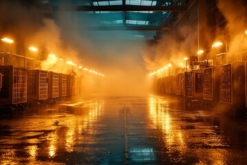 Obraz premium Industrial Warehouse with Steam and Lights Reflecting on Wet Floor