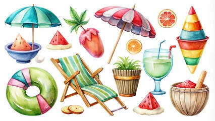Fototapeta premium Watercolor Summer Travel Illustration - Hand Drawn Elements