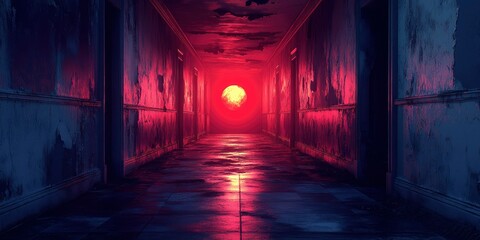 Eerie Red-Lit Hallway with Distressed Walls