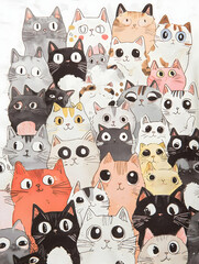 A colorful illustration of various cartoon-style cats with different expressions and patterns.