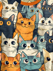 A colorful pattern featuring various cartoon-style cats with expressive faces.