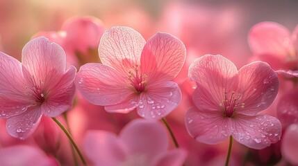 Obraz premium Field of Glowing Pink Flowers with Dew Drops Under Warm Sunlight, Blurred Background Adds a Dreamy Touch – Perfect for Spring, Nature, and Fresh Bloom-Themed Imagery