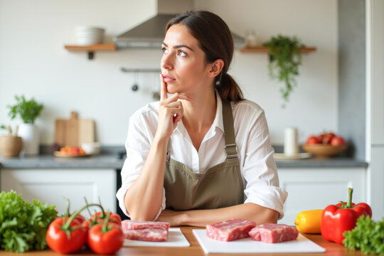 a housewife woman in the kitchen is thoughtful about what to cook, vegetables and meat are on the table