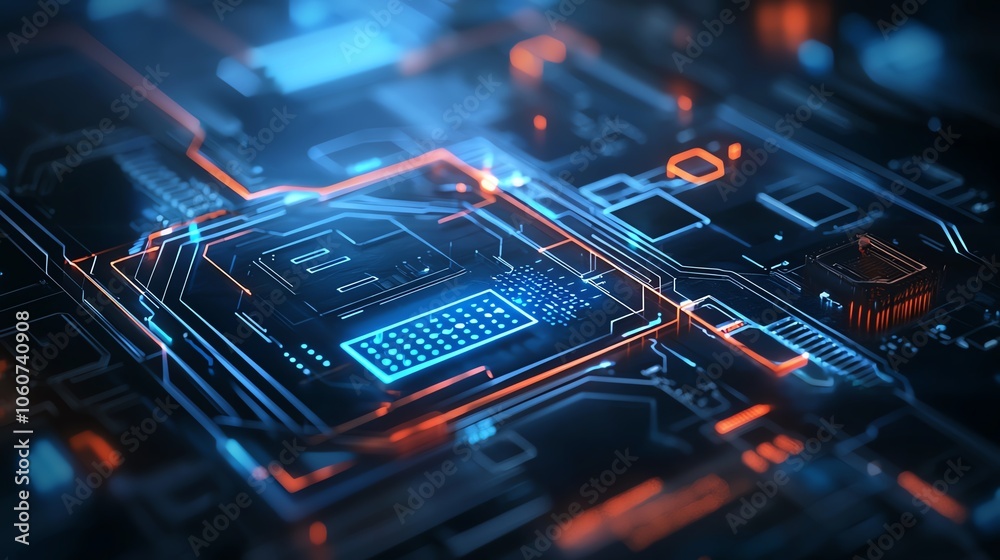 Poster futuristic microchip with glowing circuits and data connections, showcasing advanced technology and 