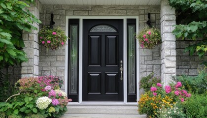 Modern black fiberglass front entry door with sidelites and vibrant garden flowers