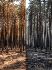 Contrasting images of a forested area before and after a fire, showing the devastating effects of a forest fire and the potential for regrowth and restoration.