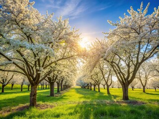 Obraz premium White flowers bloom in profusion, painting a serene spring landscape.