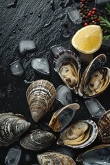Fresh shellfish platter with oysters and clams, served with lemon wedges and garlic cloves for flavor enhancement.