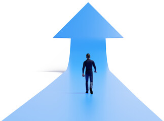 3d render of a person walking on an arrow pointing upwards. Concept for success and advancement. Copy space left and right and expandable beyond