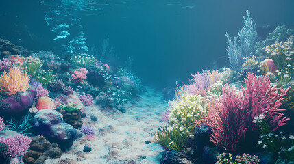 Obraz premium Serene underwater landscape with thriving coral garden. Underwater Coral Garden. Illustration