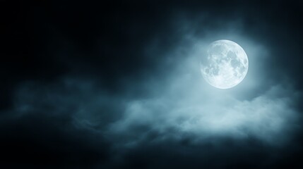 A captivating full moon shines through dark clouds, creating a mysterious and atmospheric night sky scene.