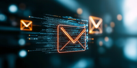 Glowing email icons with digital data streams represent visual communication technology. image conveys sense of modern connectivity and encryption