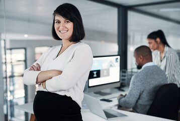 Pregnancy, crossed arms and portrait of businesswoman in office with confidence for finance career....