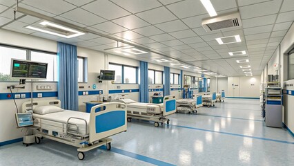 Modern hospital ward, blue curtains, white walls, advanced beds, monitors V7