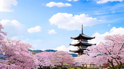 time-lapse Spring blossom seamless background pagoda chureito cherry Generated trees video virtual animation landscape looping flower japanese scenery springtime sakura nature pink tree blur colourfu