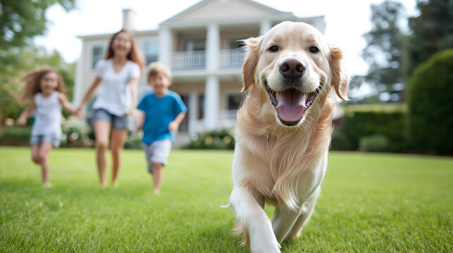 golden retriever dog joyfully running towards camera with children and woman in background, showcasing lively family moment in green yard