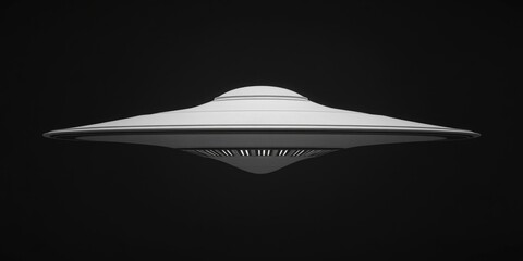 White UFO is flying in the sky. The image is in black and white and has a futuristic feel to it