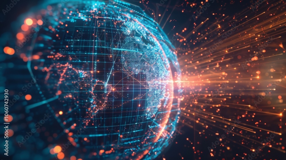 Poster futuristic visualization of planet earth rotating in space with light trails and data streams flowin