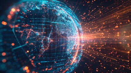 Futuristic visualization of planet earth rotating in space with light trails and data streams flowing, representing global communication and advanced technology
