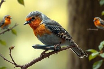 Fototapeta premium Robin with a Phone on a Branch