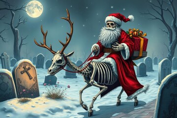 Skeleton Santa Rides a Reindeer Through the Cemetery