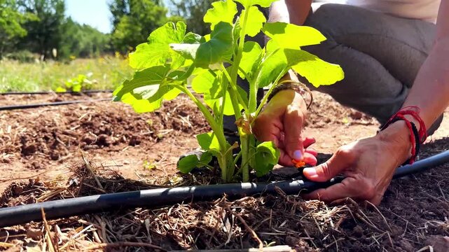 Close-up of hands manipulating a visible drip irrigation system, promoting efficient water use and sustainable agriculture.