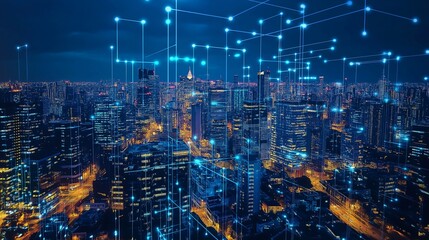 AI-driven world, autonomous systems, futuristic urban landscape, holographic displays.