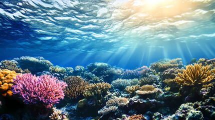 Serene underwater landscape with thriving coral garden. Underwater Coral Garden. Illustration