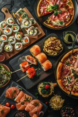 Fototapeta premium Variety of Asian and Italian food displayed on table.