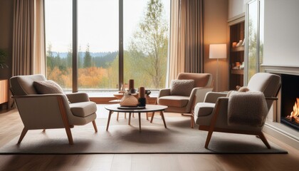 Obraz premium Home interior with sofa and armchairs, coffee table and fireplace near window