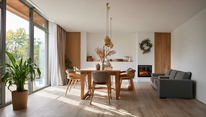 Fototapeta premium Home living room interior with dining zone, fireplace and window. Mockup wall